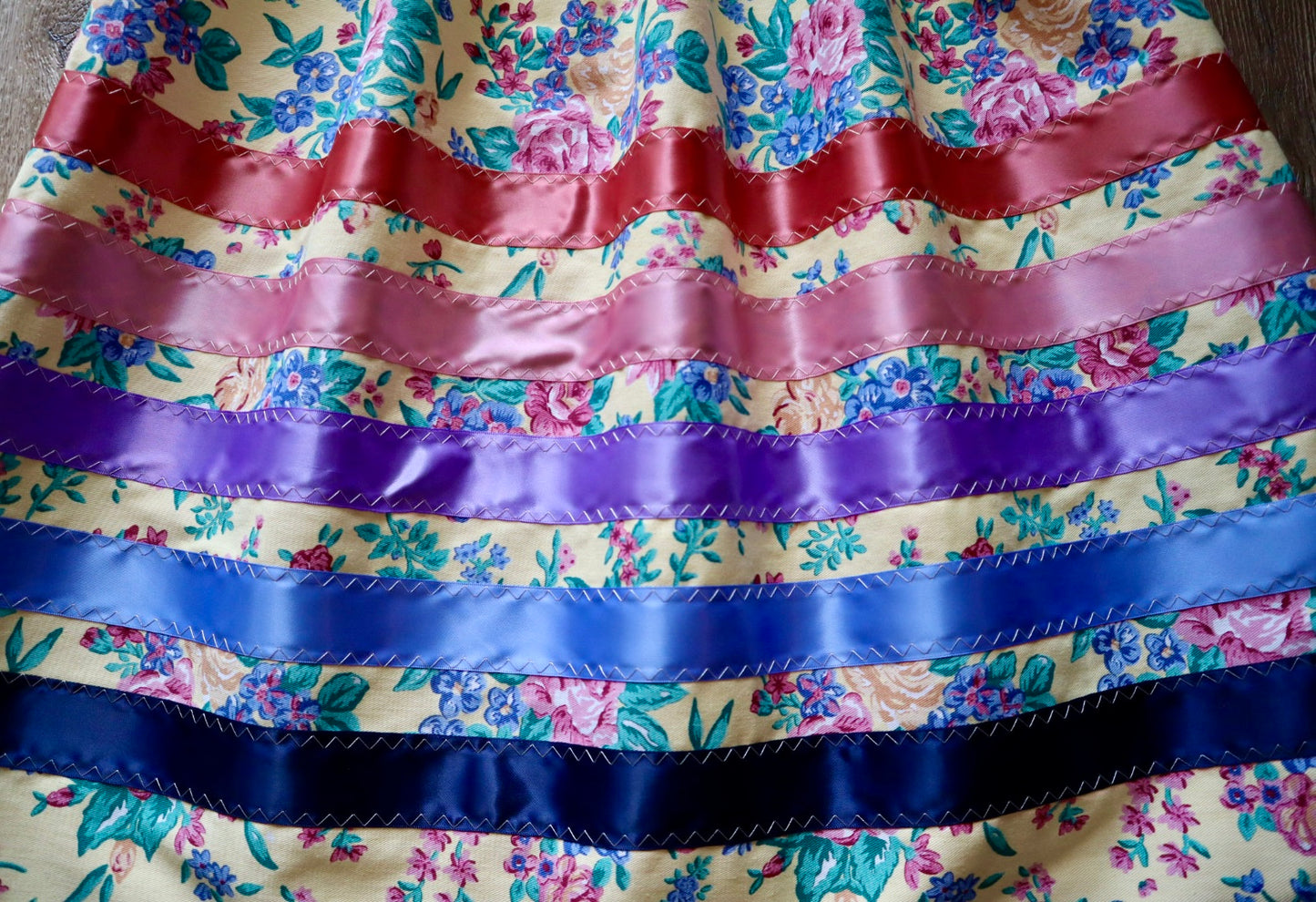 Handmade Ceremony, Casual Ribbon Skirt: Blue Purple Tones, Yellow Floral Print, Custom Waist *up to 50 inches* (enter desired sizes waist size “inches” or Dress/Pants size in order notes)