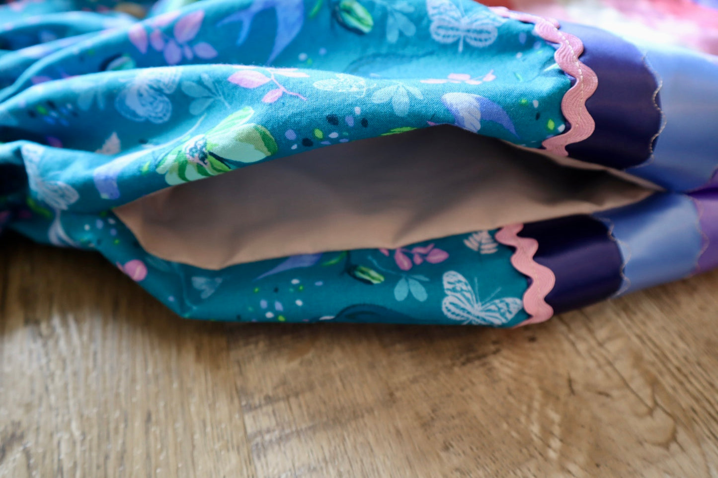 Couture Ribbon Skirt: Teal Butterfly Floral Print Cotton with Buttons *up to 50 inches* (enter desired sizes waist size “inches” or Dress/Pants size in order notes)