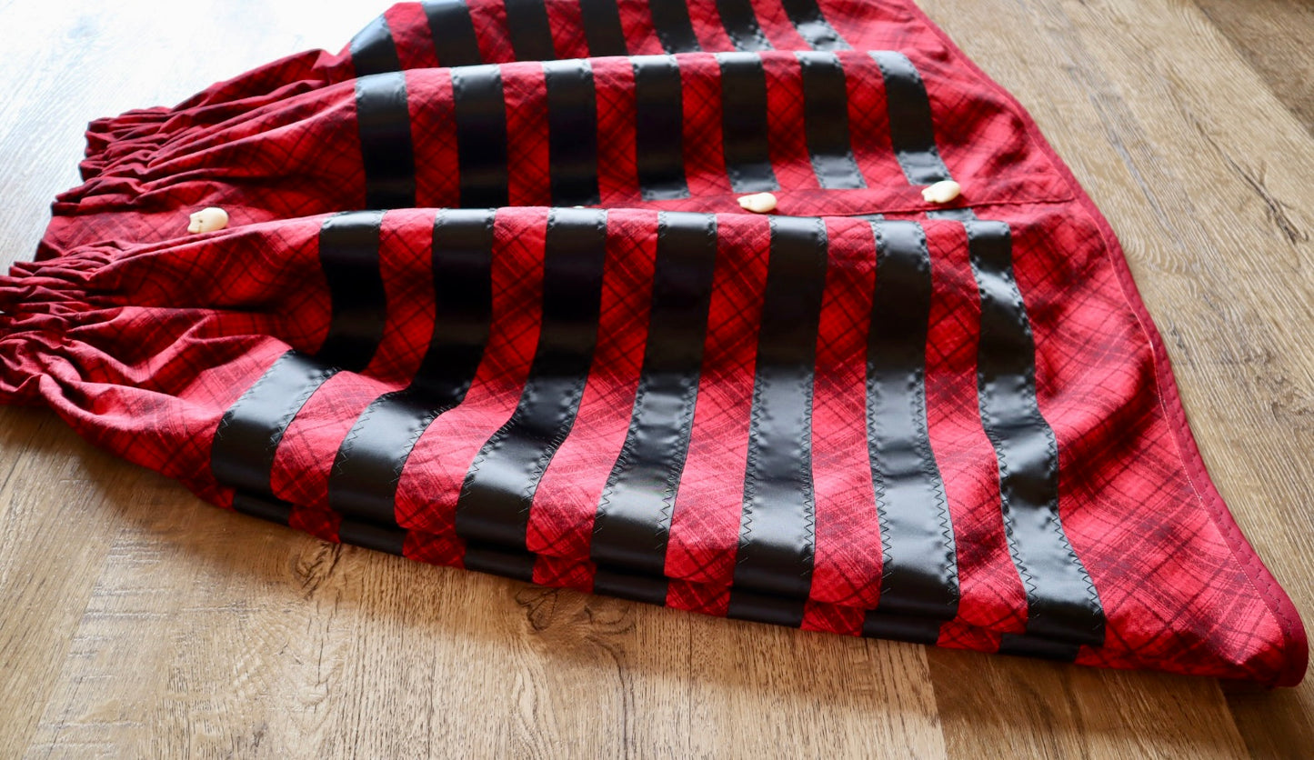 Couture Ribbon Skirt:  Red and Black Plaid Cotton with Faux Elk Teeth “Buttons”*up to 50 inches* (enter desired waist size “inches” or Dress/Pants size in order notes)