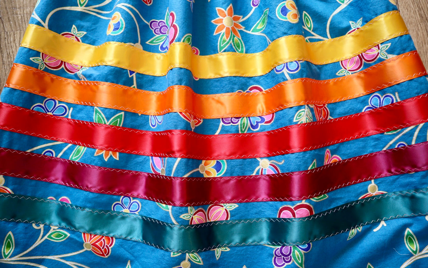 Handmade Ceremony, Casual Ribbon Skirt: Fire Tones, Blue Floral Print, Custom Waist *up to 50 inches* (enter desired sizes waist size “inches” or Dress/Pants size in order notes)