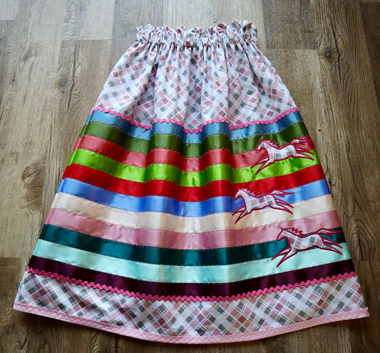 Couture Embroidered Stacked Pony Ribbon Skirt Pockets Womens Pink Plaid Cotton Miscellaneous Ombre OOAK Indigenous HandMade *up to 50 inches* (enter desired sizes waist size “inches” or Dress/Pants size in order notes)