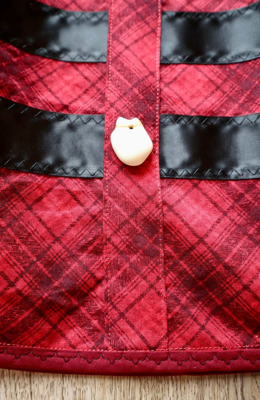Couture Ribbon Skirt:  Red and Black Plaid Cotton with Faux Elk Teeth “Buttons”*up to 50 inches* (enter desired waist size “inches” or Dress/Pants size in order notes)