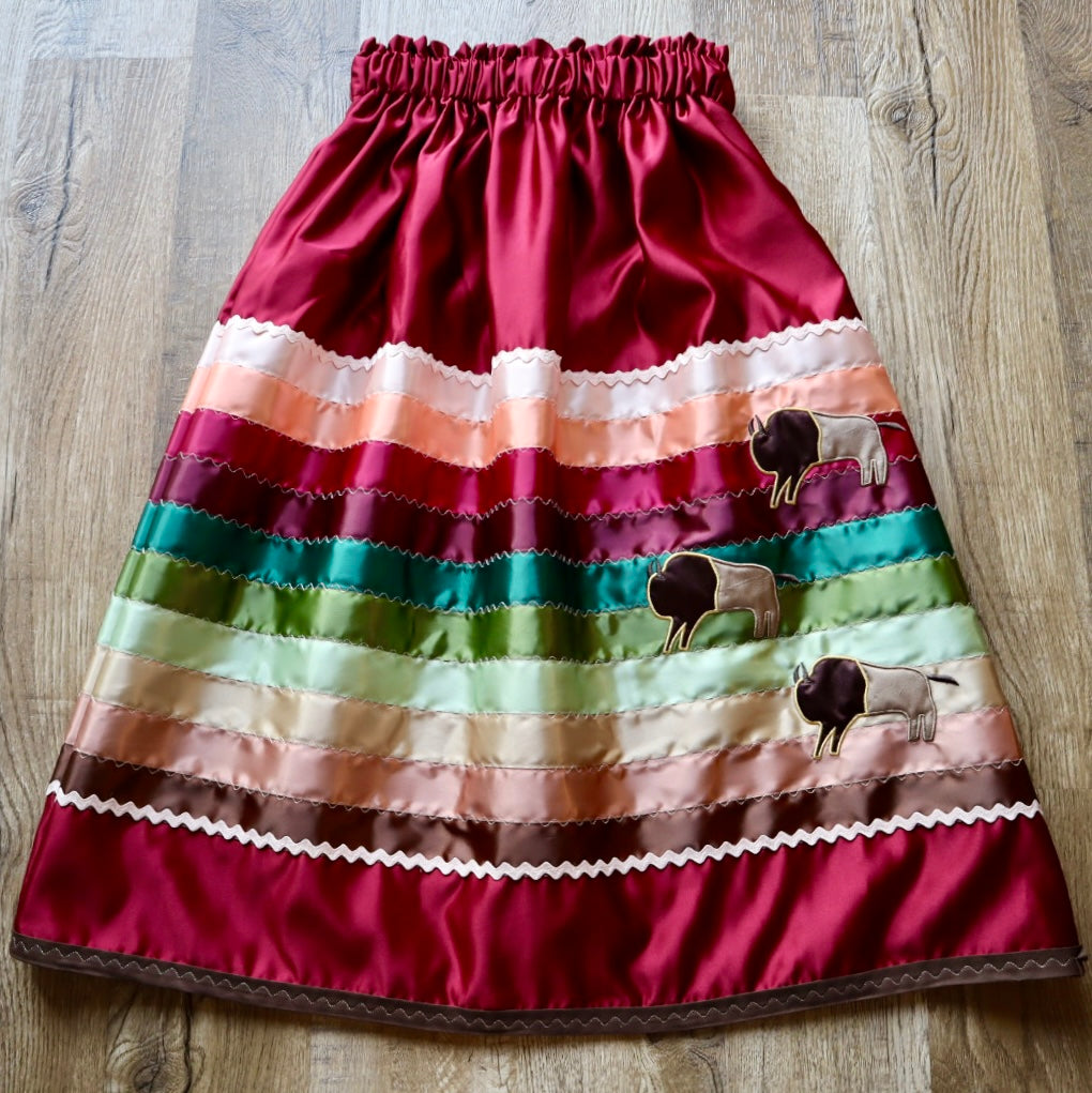 Couture Embroidered Stacked Bison Ribbon Skirt Pockets Womens Maroon Satin Earth Tones Ombre OOAK Indigenous HandMade *up to 50 inches* (enter desired sizes waist size “inches” or Dress/Pants size in order notes)