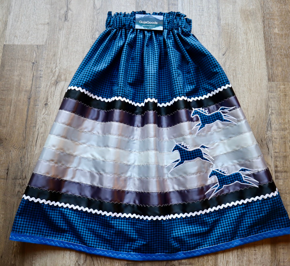 Couture Embroidered Stacked Pony Ribbon Skirt Pockets Womens Blue Gingham Cotton Black Ombre OOAK Indigenous HandMade *up to 50 inches* (enter desired sizes waist size “inches” or Dress/Pants size in order notes)
