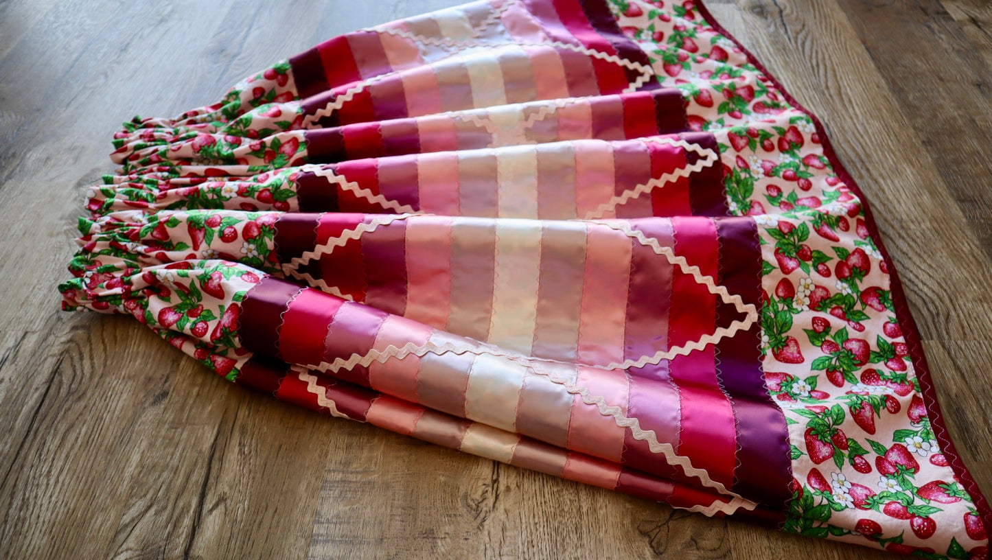 Couture Stacked Ribbon Pocket Womens RicRac Pink Strawberry Floral Print Premium Cotton Maroon Ombre OOAK Indigenous HandMade CustomWaist *up to 50 inches* (enter desired sizes waist size “inches” or Dress/Pants size in order notes)