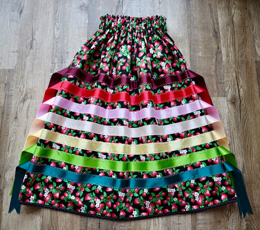 Couture Ribbon Pocket Womens Side Fringe Black Strawberry Floral Print Premium Cotton OOAK Indigenous HandMade CustomWaist *up to 50 inches* (enter desired sizes waist size “inches” or Dress/Pants size in order notes)