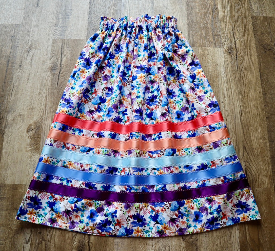 Handmade Ceremony, Casual Ribbon Skirt: Blue to Peach Ombre, Blue Floral Print, Custom Waist *up to 50 inches* (enter desired sizes waist size “inches” or Dress/Pants size in order notes)