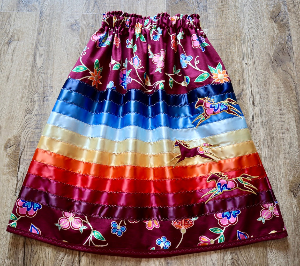 Couture Embroidered Stacked Pony Ribbon Skirt Pockets Womens Indigenous Floral Cotton Fire Water Ombre OOAK Indigenous HandMade *up to 50 inches* (enter desired sizes waist size “inches” or Dress/Pants size in order notes)