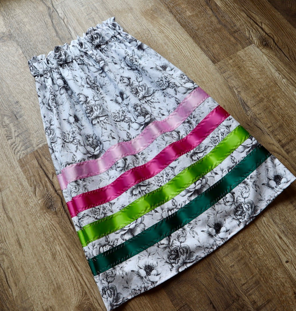 Handmade Ribbon Skirt, Youth Size 7-9 Black and White Floral Print Premium Cotton Green Pink Ombre OOAK Indigenous Made Clothing