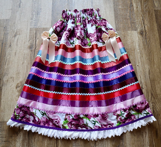 Couture Stacked Ribbon Skirt Pockets Womens Purple Floral Miscellaneous Ric Rac Premium Cotton Bows Miscellaneous OOAK Indigenous HandMade *up to 50 inches* (enter desired sizes waist size “inches” or Dress/Pants size in order notes)