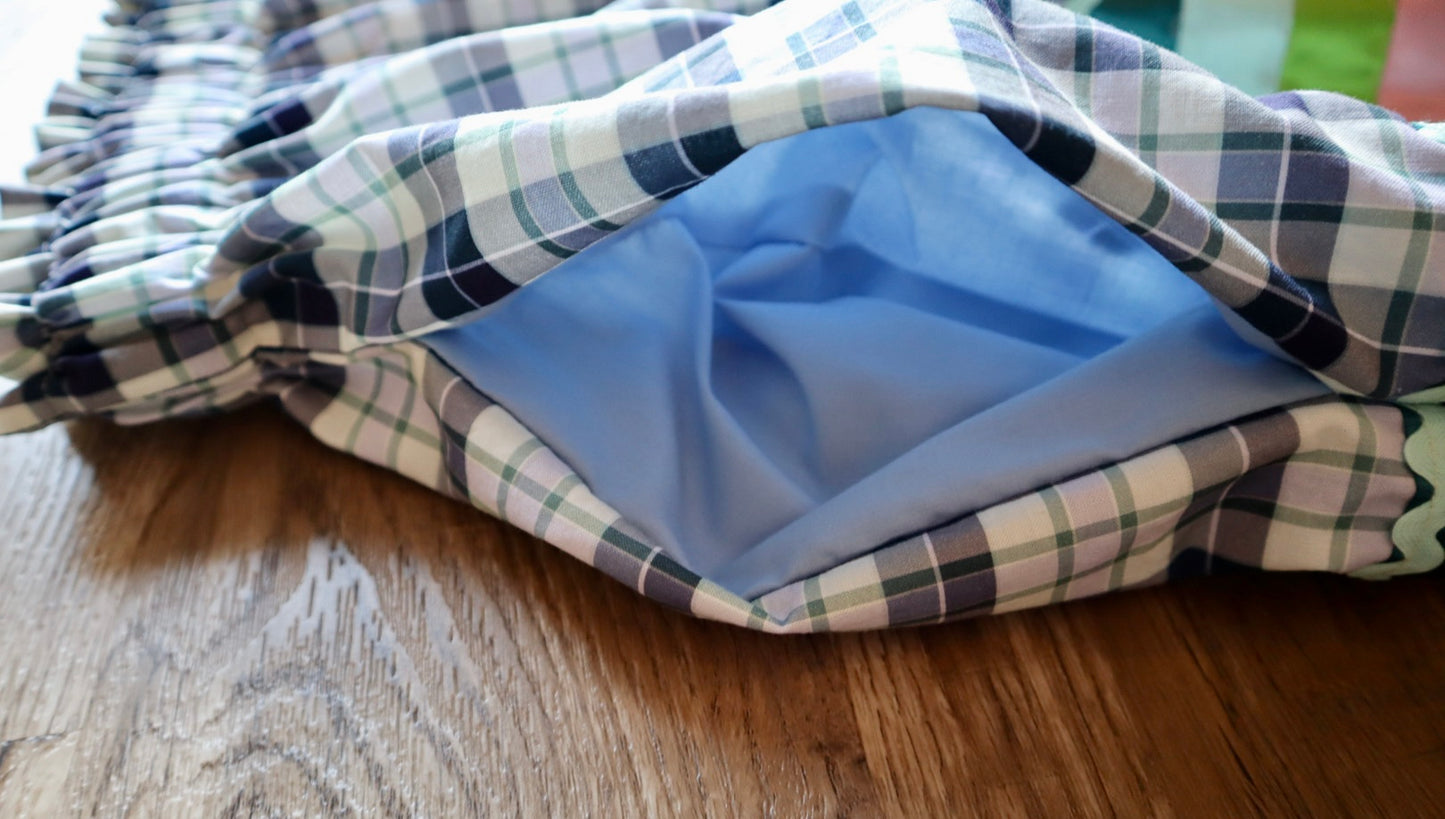 Couture Stacked Ribbon Skirt Pockets Womens Ivory and Blue Plaid Miscellaneous Ric Rac Cotton OOAK Indigenous HandMade *up to 50 inches* (enter desired sizes waist size “inches” or Dress/Pants size in order notes)
