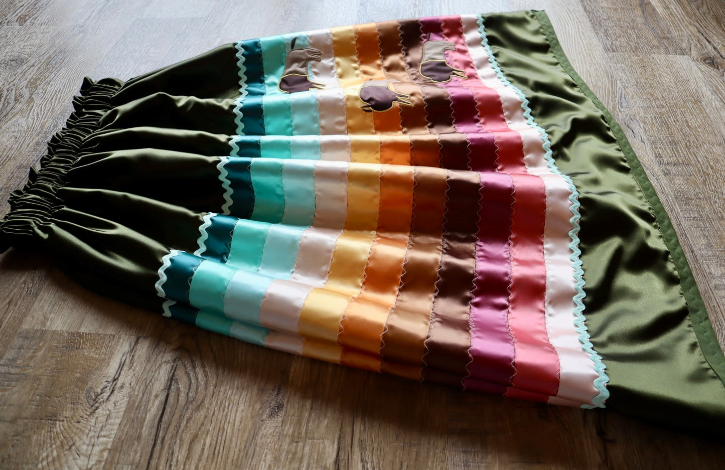 Couture Embroidered Stacked Bison Ribbon Skirt Pockets Womens Dark Moss Green Satin Earth Tones Ombre OOAK Indigenous HandMade *up to 50 inches* (enter desired sizes waist size “inches” or Dress/Pants size in order notes)