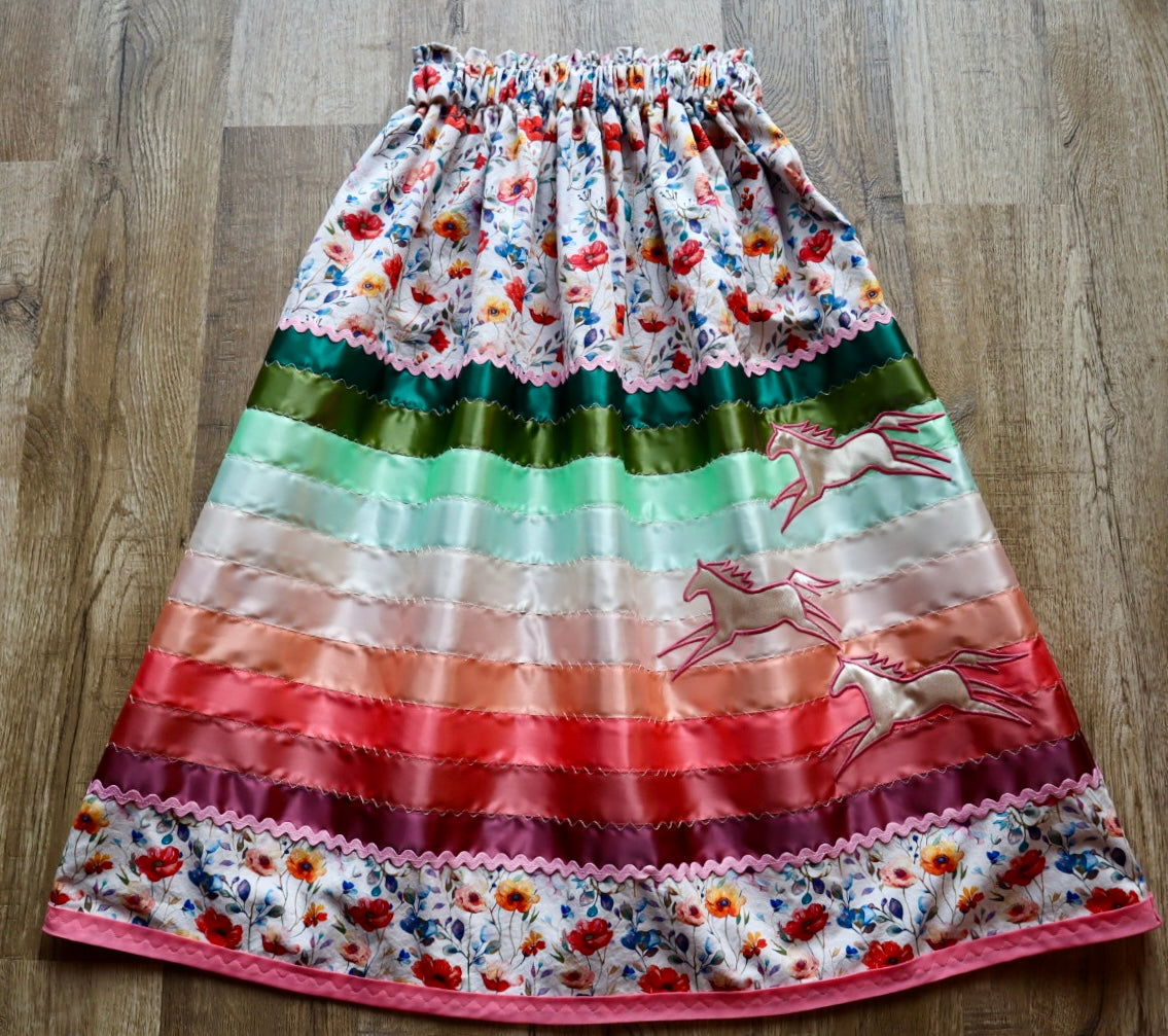 Couture Embroidered Stacked Pony Ribbon Skirt Pockets Womens Ivory Floral Cotton Green to Red Ombre OOAK Indigenous HandMade *up to 50 inches* (enter desired sizes waist size “inches” or Dress/Pants size in order notes)