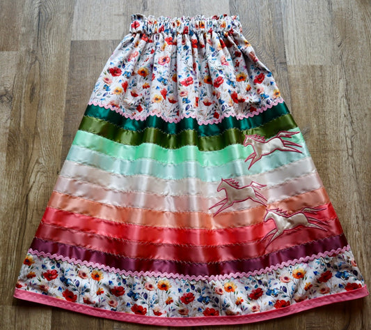 Couture Embroidered Stacked Pony Ribbon Skirt Pockets Womens Ivory Floral Cotton Green to Red Ombre OOAK Indigenous HandMade *up to 50 inches* (enter desired sizes waist size “inches” or Dress/Pants size in order notes)