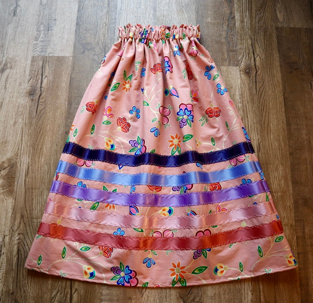 Handmade Ceremony, Casual Ribbon Skirt: Blue Purple Tones, Pink Indigenous Floral Print, Custom Waist *up to 50 inches* (enter desired sizes waist size “inches” or Dress/Pants size in order notes)