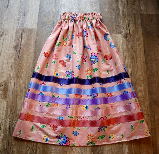 Handmade Ceremony, Casual Ribbon Skirt: Blue Purple Tones, Pink Indigenous Floral Print, Custom Waist *up to 50 inches* (enter desired sizes waist size “inches” or Dress/Pants size in order notes)