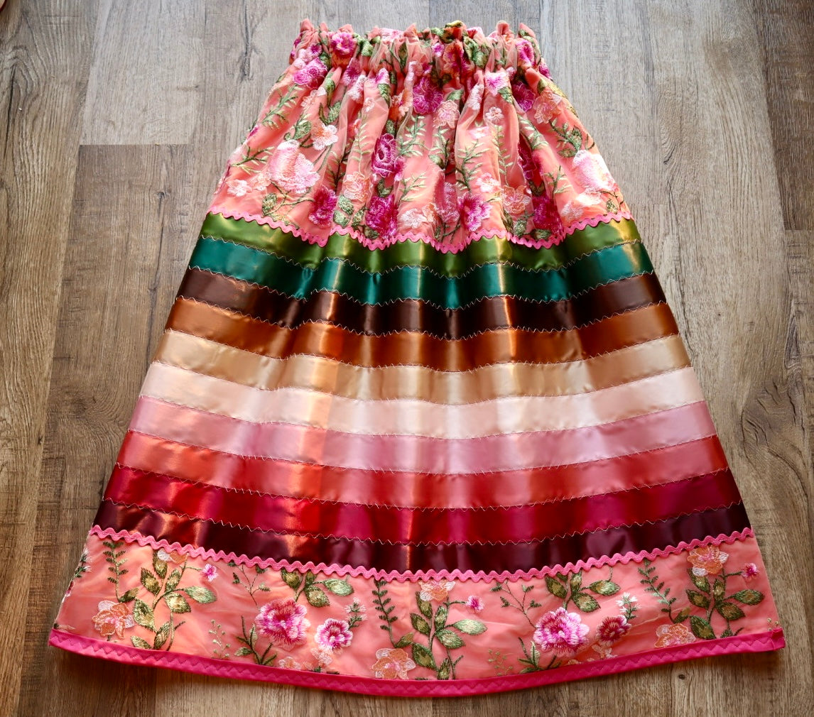 Couture Stacked Ribbon Skirt Pockets Womens Peachy Pink and Nude Lace Earth Tone Ombre RicRac Cotton OOAK Indigenous HandMade *up to 50 inches* (enter desired sizes waist size “inches” or Dress/Pants size in order notes)
