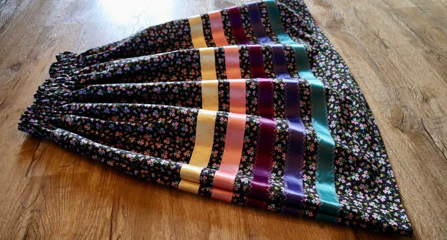 Handmade Ceremony, Casual Ribbon Skirt: Gem Tones, Black Floral Print, Custom Waist *up to 50 inches* (enter desired sizes waist size “inches” or Dress/Pants size in order notes)