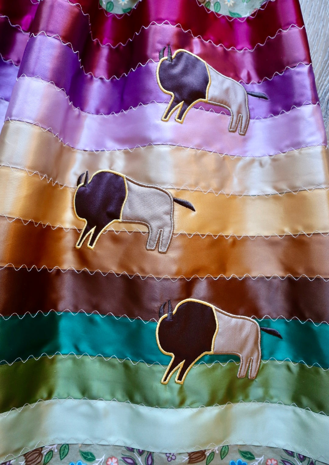 Couture Embroidered Stacked Bison Ribbon Skirt Pockets Womens Sage Green Cotton Purple to Green Ombre OOAK Indigenous HandMade *up to 50 inches* (enter desired sizes waist size “inches” or Dress/Pants size in order notes)