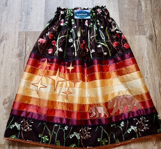 Couture Embroidered Stacked Stars & Bears Ribbon Skirt Pockets Women’s Black Lace Gold Ombre OOAK Indigenous HandMade *up to 50 inches* (enter desired sizes waist size “inches” or Dress/Pants size in order notes)