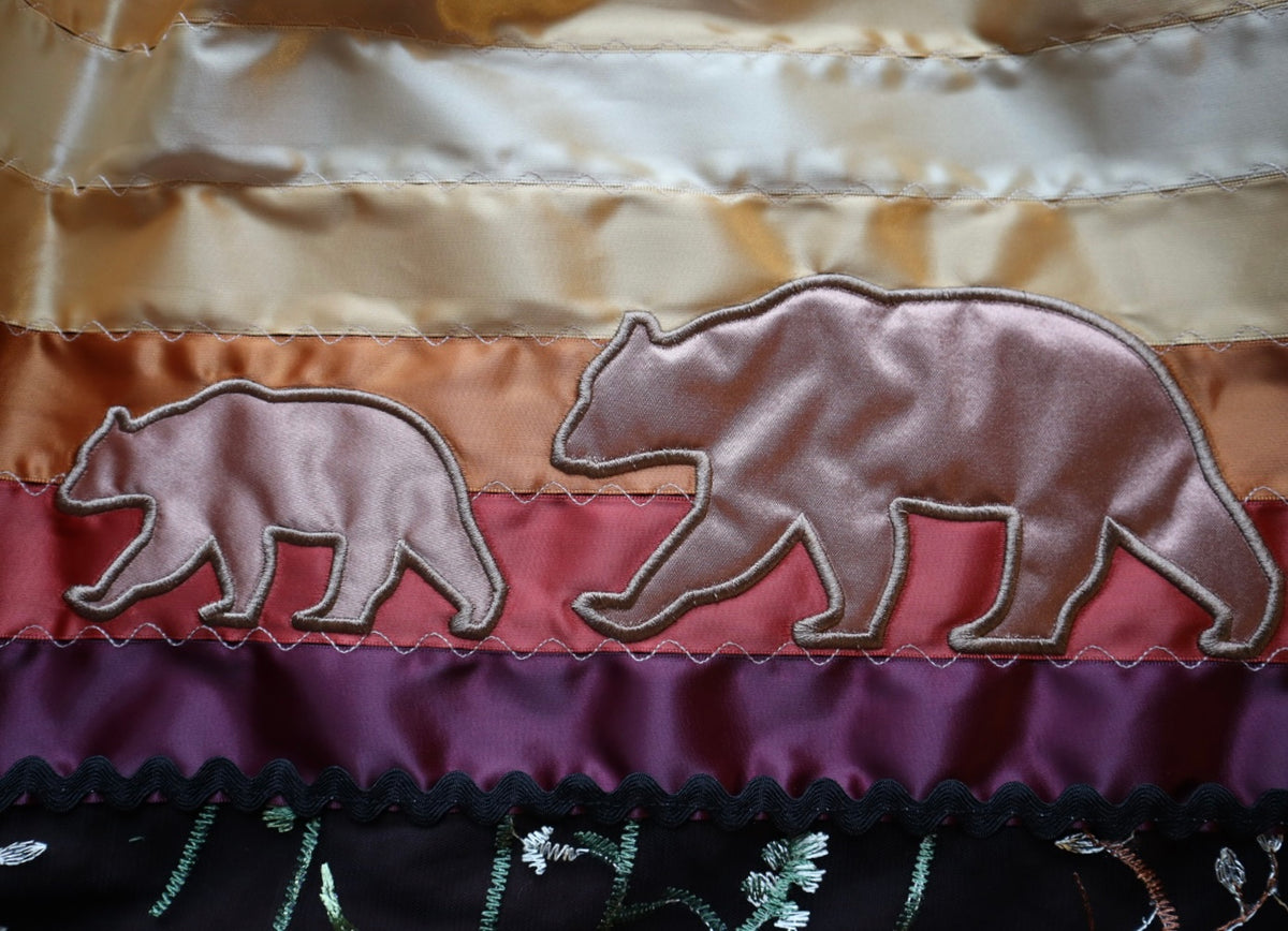 Couture Embroidered Stacked Stars & Bears Ribbon Skirt Pockets Women’s Black Lace Gold Ombre OOAK Indigenous HandMade *up to 50 inches* (enter desired sizes waist size “inches” or Dress/Pants size in order notes)