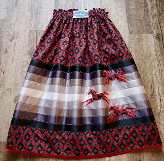 Couture Embroidered Stacked Pony Ribbon Skirt Pockets Womens Red and Black Geometric Cotton Black to Silver Ombre OOAK Indigenous HandMade *up to 50 inches* (enter desired sizes waist size “inches” or Dress/Pants size in order notes)
