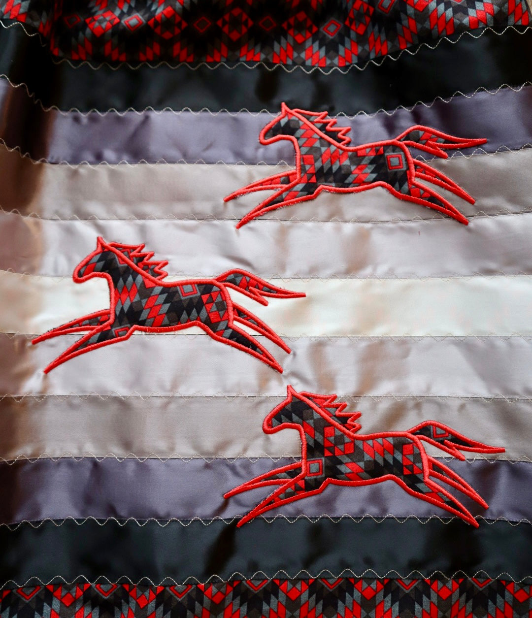 Couture Embroidered Stacked Pony Ribbon Skirt Pockets Womens Red and Black Geometric Cotton Black to Silver Ombre OOAK Indigenous HandMade *up to 50 inches* (enter desired sizes waist size “inches” or Dress/Pants size in order notes)