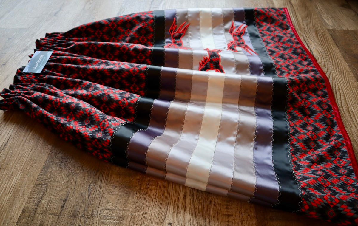 Couture Embroidered Stacked Pony Ribbon Skirt Pockets Womens Red and Black Geometric Cotton Black to Silver Ombre OOAK Indigenous HandMade *up to 50 inches* (enter desired sizes waist size “inches” or Dress/Pants size in order notes)
